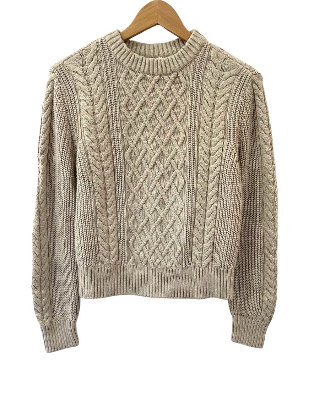 Pact women’s organic cotton Cable Knit Crew Sweater XS flax NWT